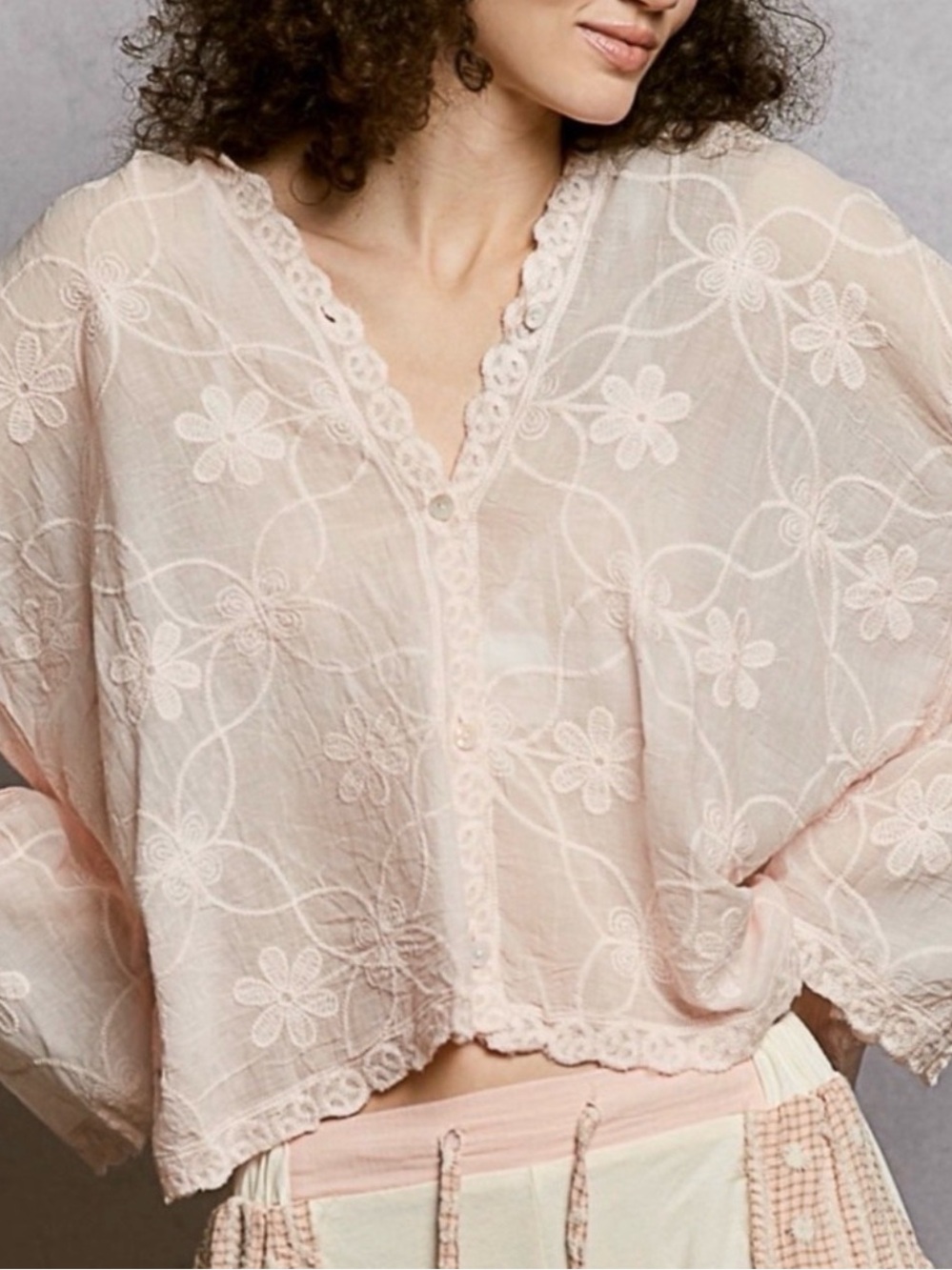 POL Light Pink Embroidered V-Neck Button-Front Blouse With Hoodie